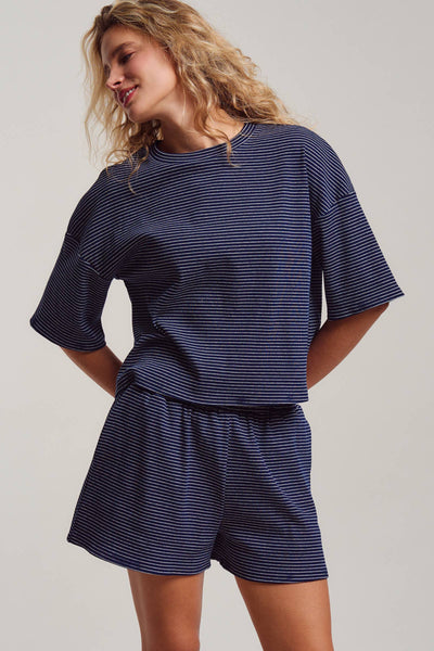 Striped Knit Two-Piece Lounge Set Boxy Tee: RED WHITE / S-M-L:2-2-2