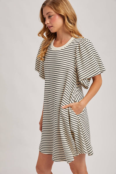 PUFF SLEEVES BILLOWY SILHOUETTE STRIPED DRESS: IVORY