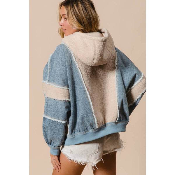 WASHED AND FLEECE MIX AND MATCH ZIP UP HOODIE: DENIM/IVORY