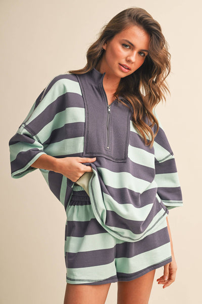 STRIPED HALF ZIP TOP AND SHORTS SET: MINT MULTI