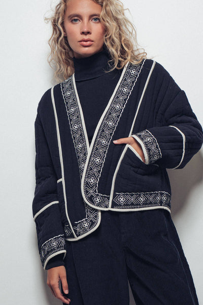 Boho Embroidered Quilted Western Cropped Jacket: BLACK IVORY / S-2/M-2/L-2