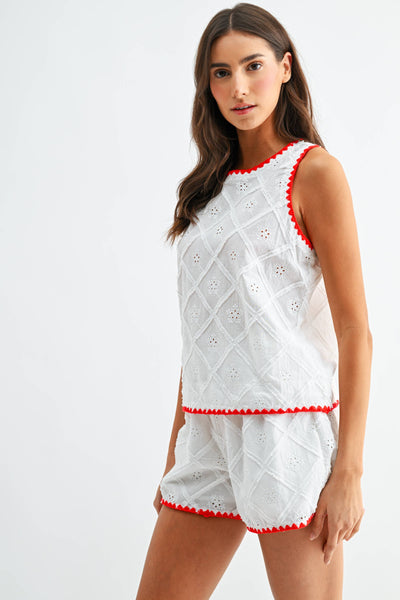 Eyelet Embroidered Shorts Set: WHITE/RED