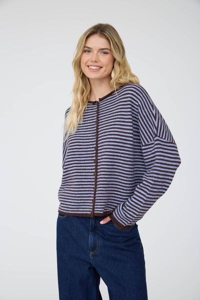 STRIPE RAW EDGE BUTTON DOWN LONG SLEEVE CARDIGAN: DARK BROWN