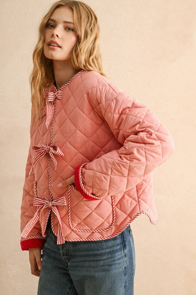 TIE FRONT QUILT JACKET: PINK