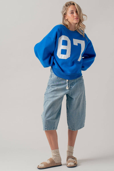 "87" Graphic Balloon Sleeve Oversized Sweatshirt: Blue