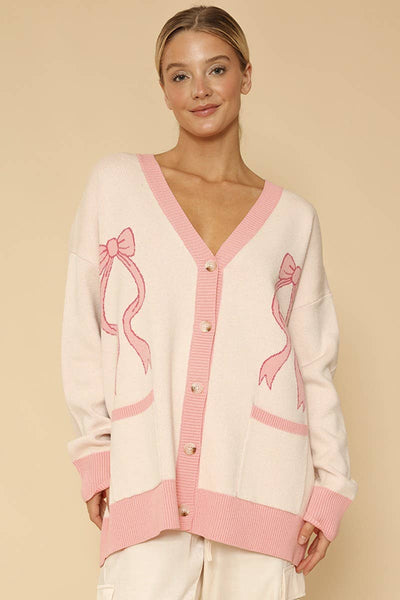 Varsity knit bow cardigan: Pink multi