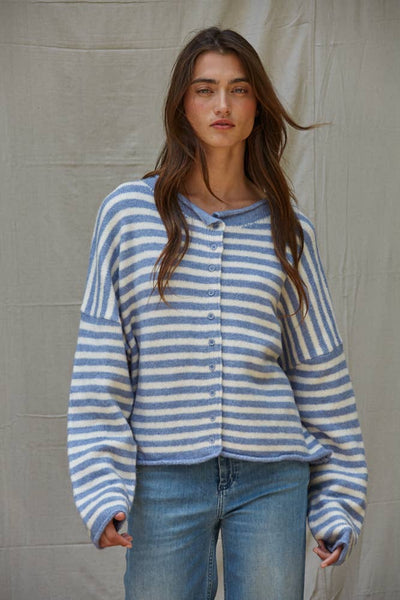 Knit Sweater Striped Buttondown Cardigan Top: Blue Ivory