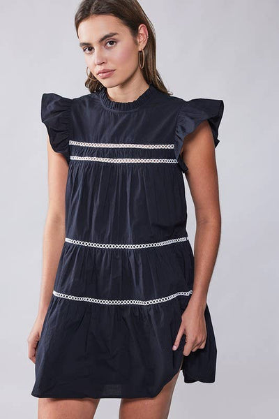 **HAILEE CONT LACE TRIM RUFFLE MINI DRESS: BLACK