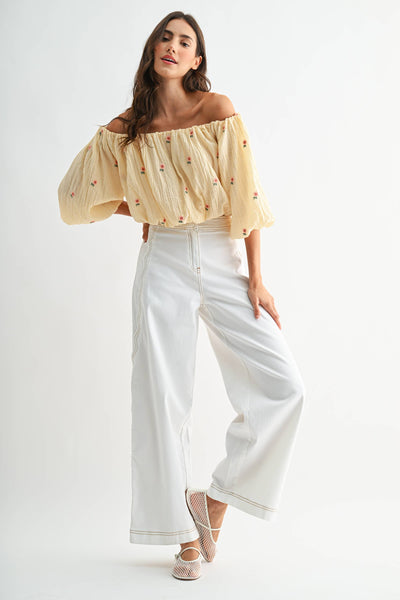 CJT27076 Off-Shoulder Floral Embroidered Blouse: LT.YELLOW / S-M-L (3-2-1)
