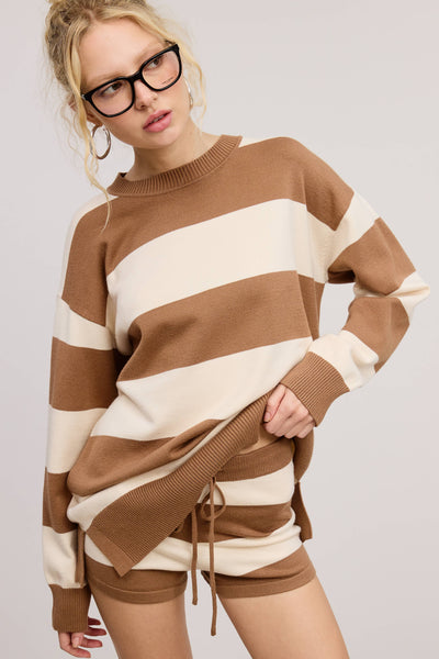 Stripe Knit Sweater and Shorts Matching Set: PICKLE / M
