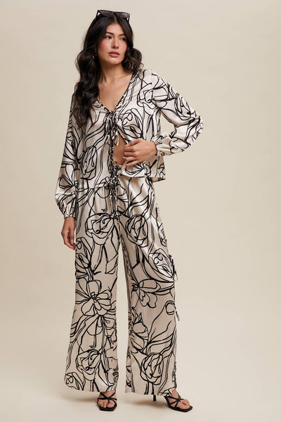Bold Floral Print Satin Shirt Set