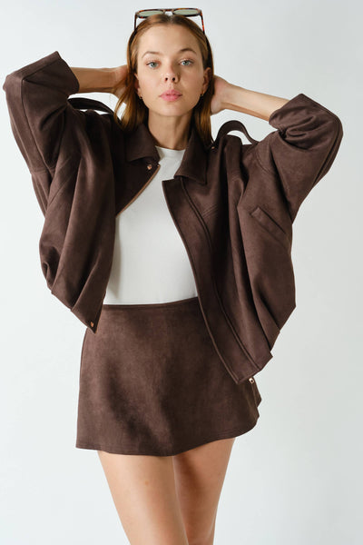 MOJAVE SUEDE-FINISH ZIP-FRONT JACKET: TRUFLE