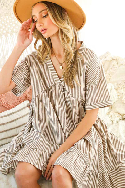 V-Neck Striped 100% Cotton Tiered Woven Dress VD81038: Taupe / M