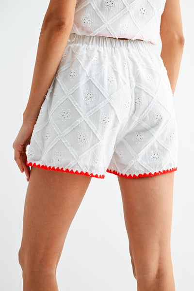 Eyelet Embroidered Shorts Set: WHITE/RED