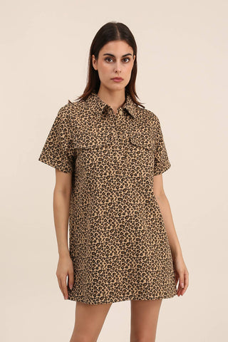 LEOPARD PRINT BUTTON DRESS: Camel