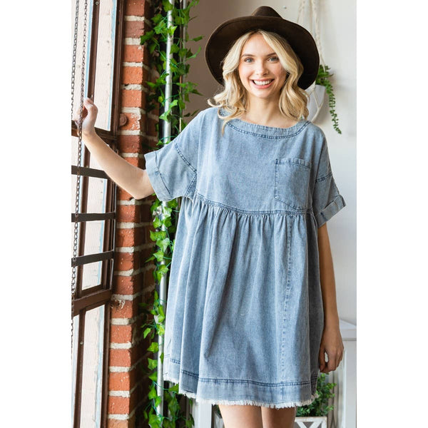 Oversize Pleated Denim Short Dress