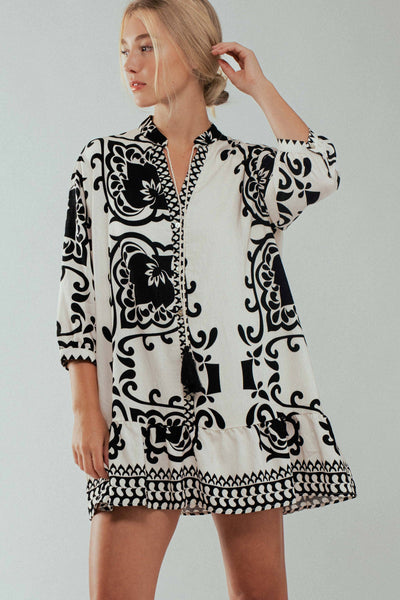 Floral Tassel Tie Tiered Dress: IVORY BLACK