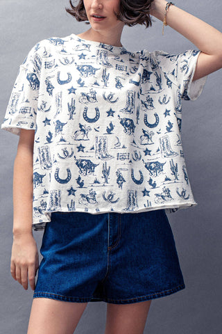 Western Graphic Print Relaxed Fit Tee : CREAM