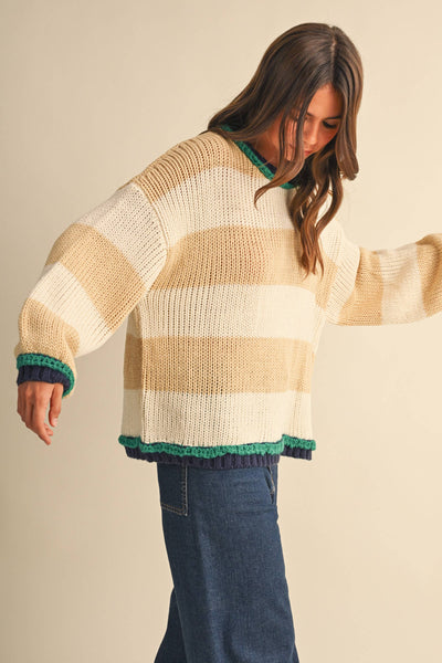WIDE STRIPED SWEATER TOP: BEIGE MULTI