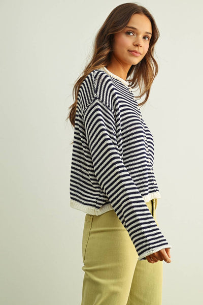 STRIPE BUTTON FRONT KNIT CARDIGAN: NAVY/WHITE