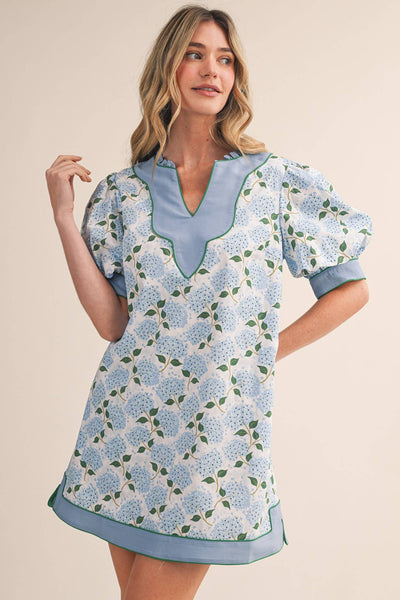 FLORAL PRINT PUFF SLEEVE A-LINE MINI DRESS :WHITE BLUE FLORAL