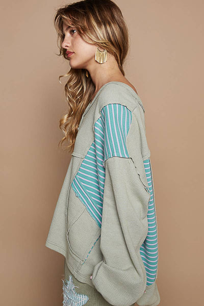 Oversized V Neck Bubble Sleeve knit Top SALE: OLIVE MULTI / M