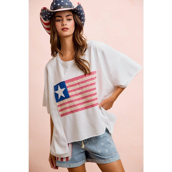 4TH OF JULY AMERICAN FLAG PATCHWORK SHORT TOP: OFF WHITE