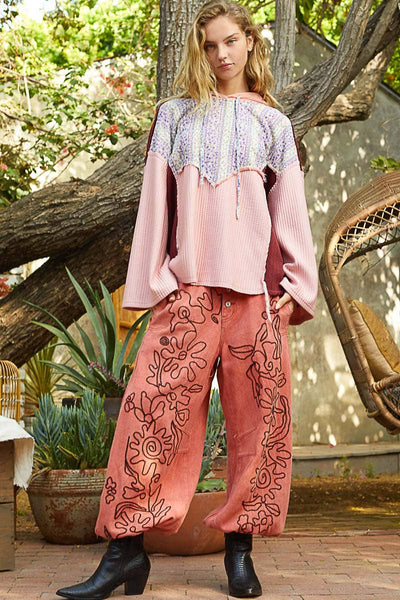 Floral print contrast long sleeve french terry top