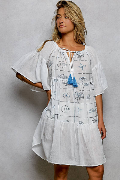 Round Neck 1/2 Sleeve Embroidered Cotton Woven Dress