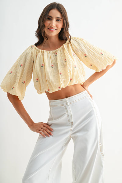 CJT27076 Off-Shoulder Floral Embroidered Blouse: LT.YELLOW / S-M-L (3-2-1)