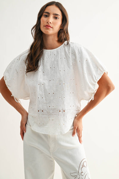 CJT26751 Embroidered White Cotton Blouse: OFF WHITE / S-M-L (3-2-1)