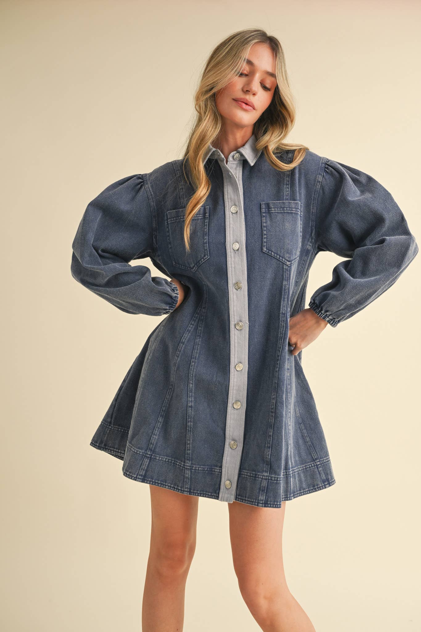 WASHED DENIM BUTTON DOWN FLARED MINI DRESS MDR3385: Indigo