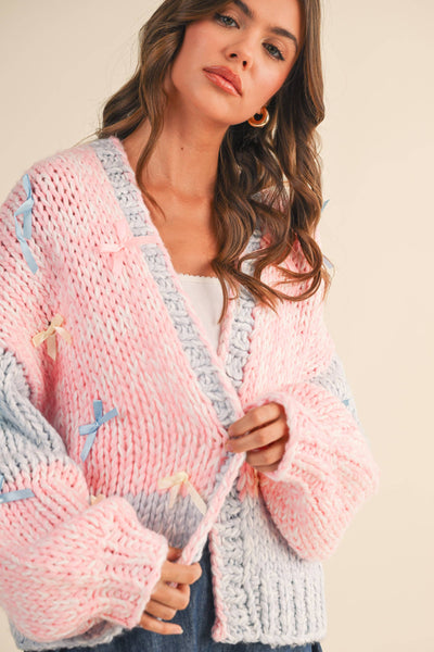 COLORBLOCK RIBBON DETAILED CHUNKY CARDIGAN: Pink