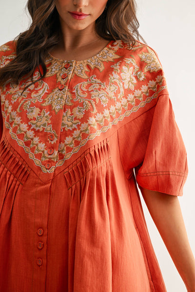 CJD26988 Embroidered Linen Tunic Dress: BURNT ORANGE / S-M-L (3-2-1)