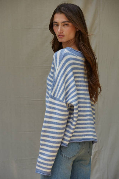 Knit Sweater Striped Buttondown Cardigan Top: Blue Ivory
