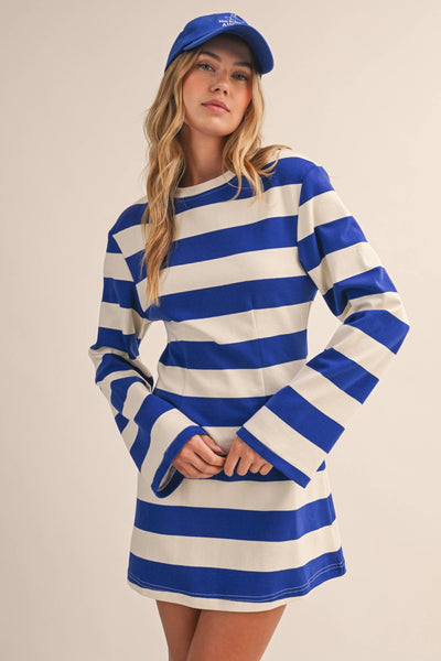 STRIPED LONG BELL SLEEVE MINI DRESS: ROYAL MULTI