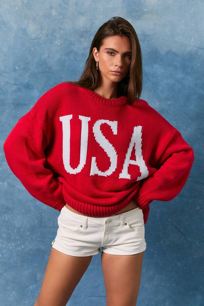 ROUND NECK OVERSIZED SWEATER TOP: RED-BABY BLUE / M