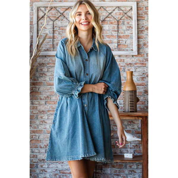 Overfit Button Down Denim Shirt Dress: Black