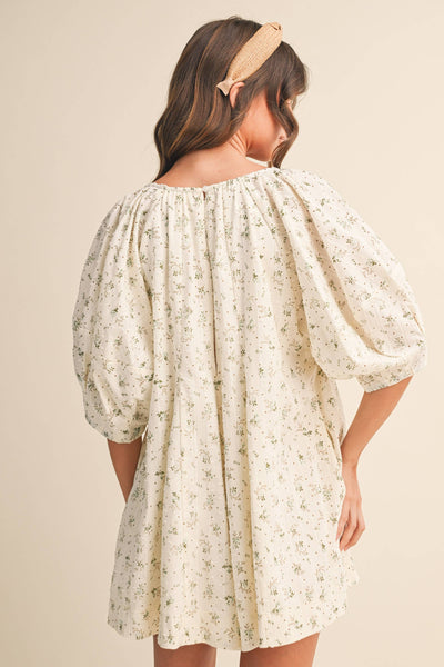 FLORAL SWISS DOT OVERSIZED PUFF SLEEVE ROMPER: CREAM/MINT