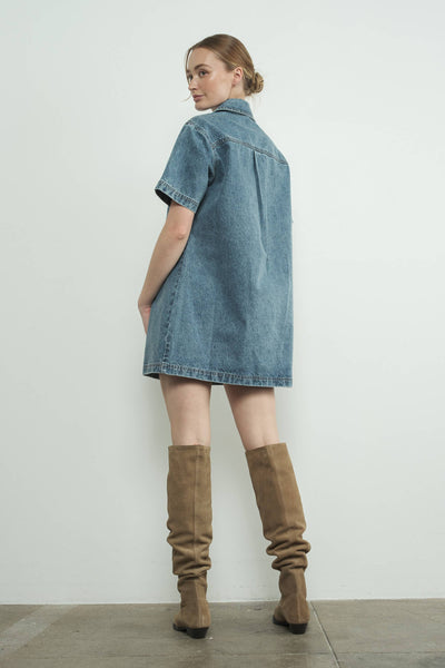 DENIM PULL ON COLLAR MINI DRESS: MEDIUM WASH