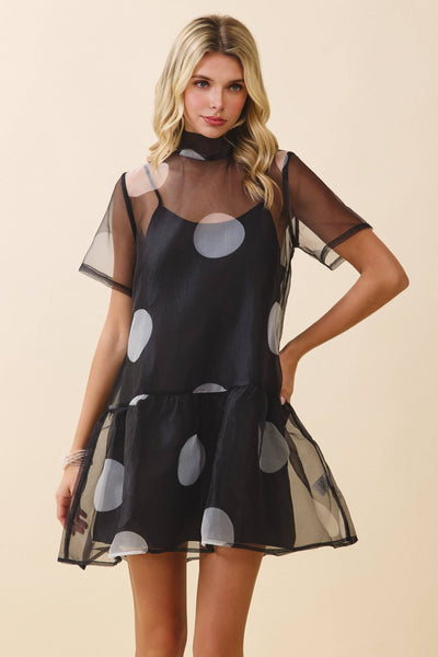 Sheer Polka Dot High Neckline Self Bow Tie Dress: Black