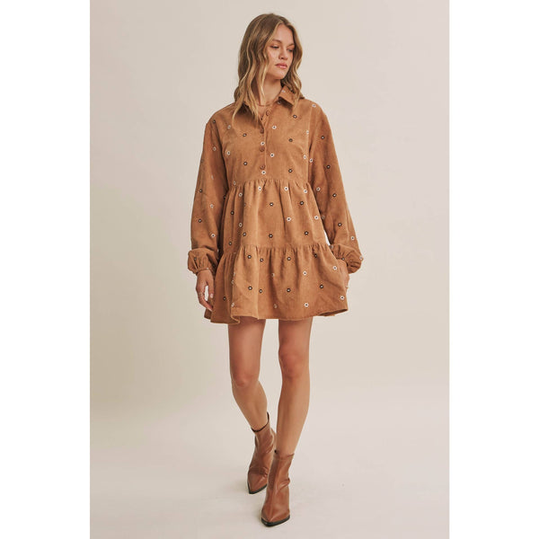 MEADOW MARKET ARTISAN DAISY EMBROIDERED CORDUROY MINI DRESS: OLIVE