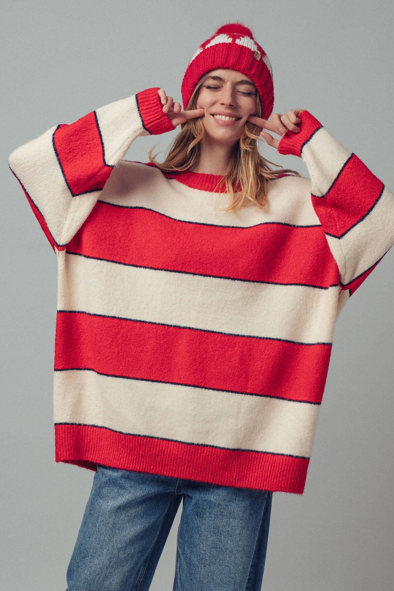 Oversized Rugby Stripe Knit Sweater: Red