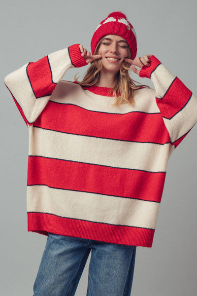Oversized Rugby Stripe Knit Sweater: Red