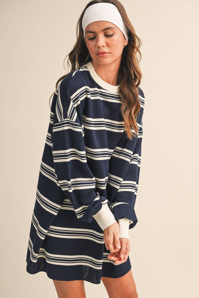 STRIPED LOVE SLEEVE OVERSIZED SWEATSHIRT DRESS: NAVY