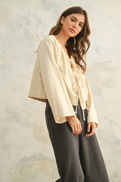 LINEN BLEN TIE FRONT CARDIGAN: Beige