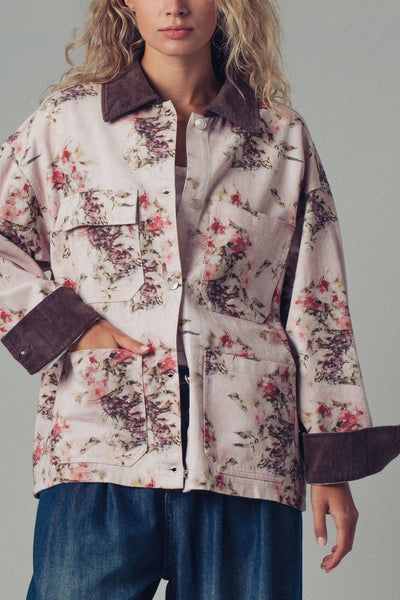 Watercolor Floral Oversized Cotton Utility Jacket: PINK/BROWN
