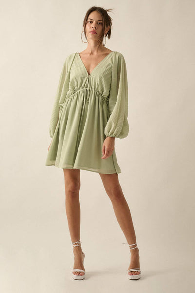 Solid Deep V Neck Chiffon Bishop Sleeve Mini Dress: Margarita /
