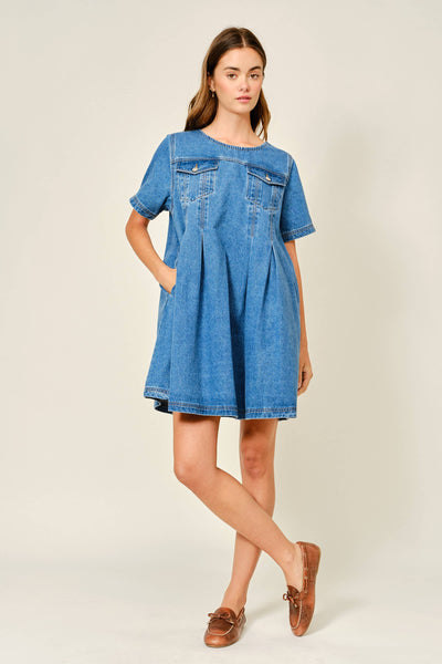 AJD5606 SHORT SLEEVE PLEATED A LINE DENIM DRESS: DENIM / L