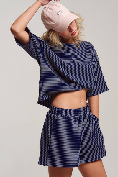 Striped Knit Two-Piece Lounge Set Boxy Tee: RED WHITE / S-M-L:2-2-2